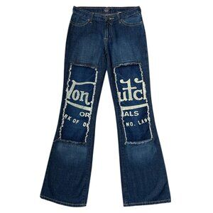 Y2K vintage Von Dutch jeans low rise flare patchwork logo 2000s faded.